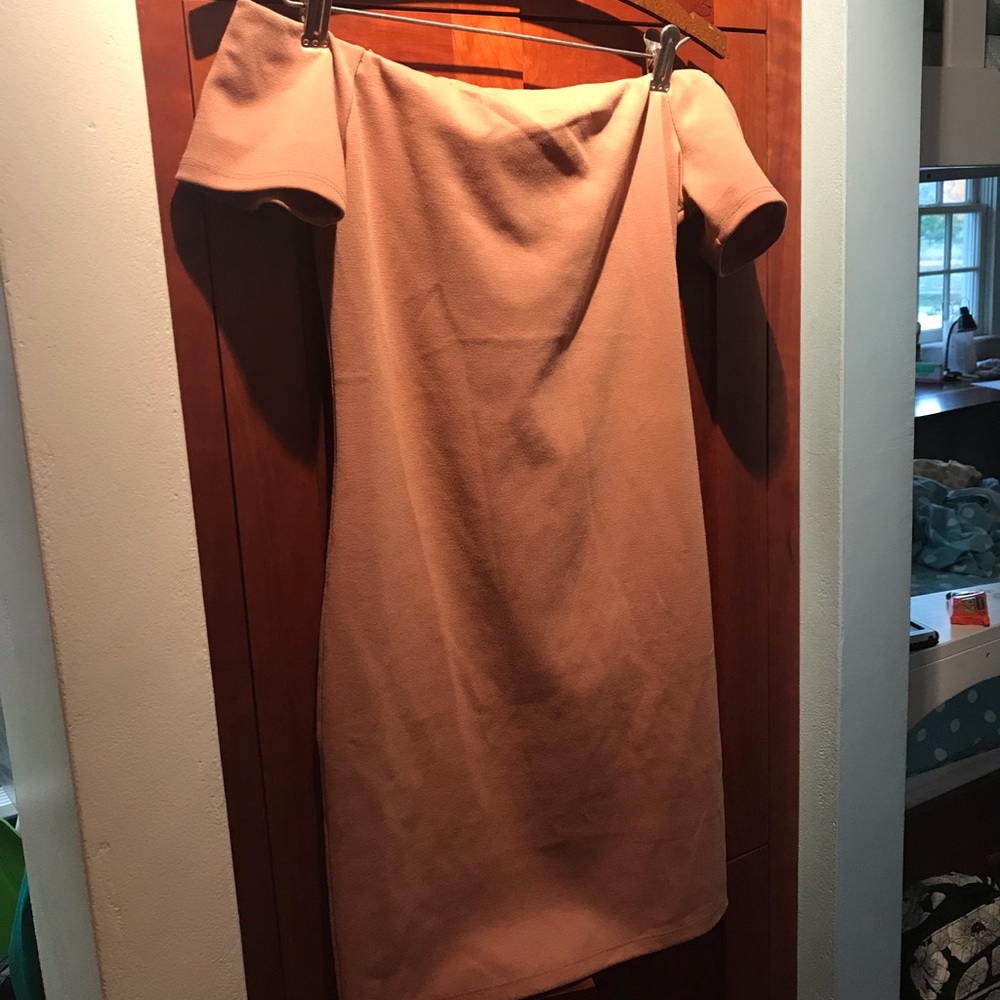 Tan off the shoulder bodycon dress